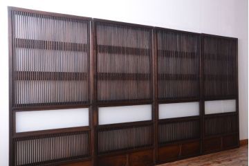 古民具・骨董　明治〜大正　腰板欅材!裏ガラス入りすりガラス帯格子戸4枚セット