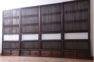 古民具・骨董　明治〜大正　腰板欅材!裏ガラス入りすりガラス帯格子戸4枚セット