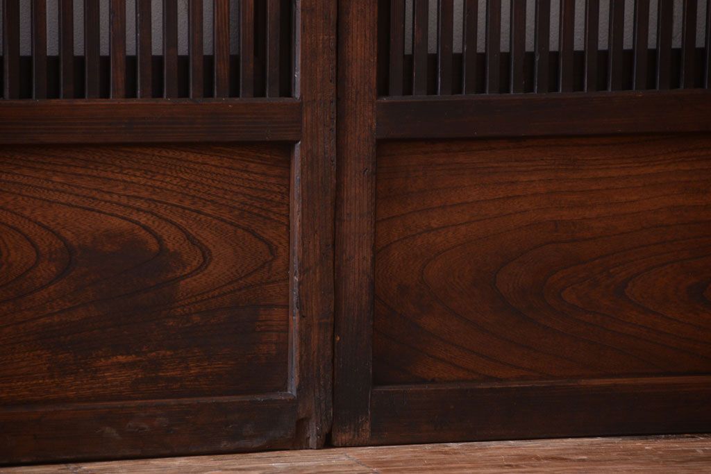 古民具・骨董　明治〜大正　腰板欅材!裏ガラス入りすりガラス帯格子戸4枚セット