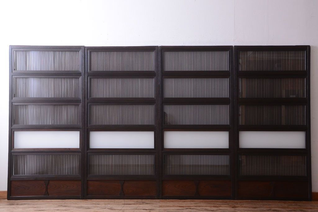 古民具・骨董　明治〜大正　腰板欅材!裏ガラス入りすりガラス帯格子戸4枚セット