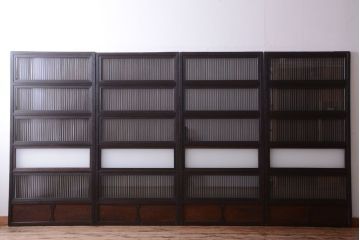 古民具・骨董　明治〜大正　腰板欅材!裏ガラス入りすりガラス帯格子戸4枚セット