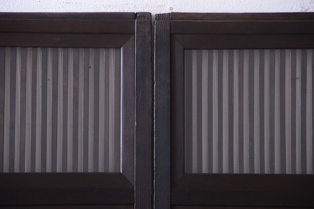 古民具・骨董　明治〜大正　腰板欅材!裏ガラス入りすりガラス帯格子戸4枚セット