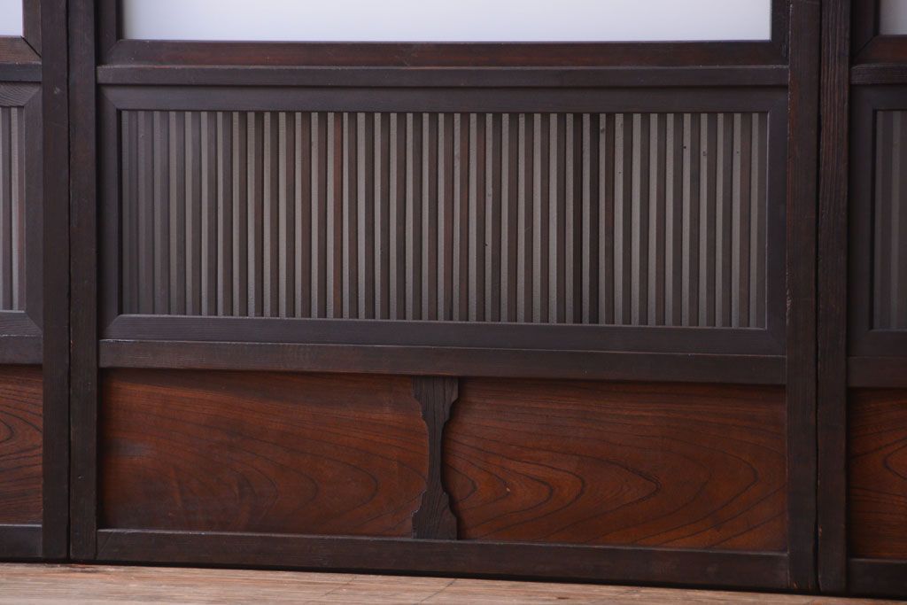 古民具・骨董　明治〜大正　腰板欅材!裏ガラス入りすりガラス帯格子戸4枚セット