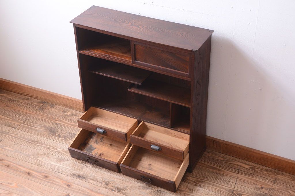 アンティーク家具　古民具・骨董　大正期　三方欅材!上品な茶箪笥(収納棚)