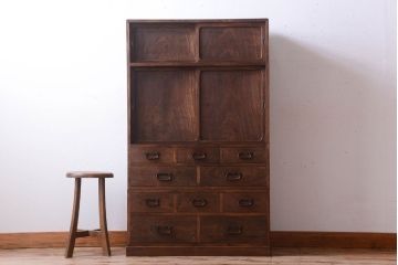 アンティーク家具　古民具・骨董　大正期　透かし彫り!前面桑材の高級茶箪笥