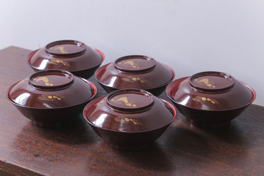 和製アンティーク　大正〜昭和　木製お椀5客セット(1)