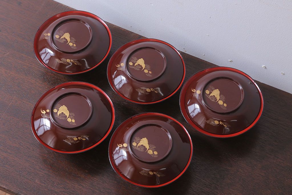 和製アンティーク　大正〜昭和　木製お椀5客セット(1)