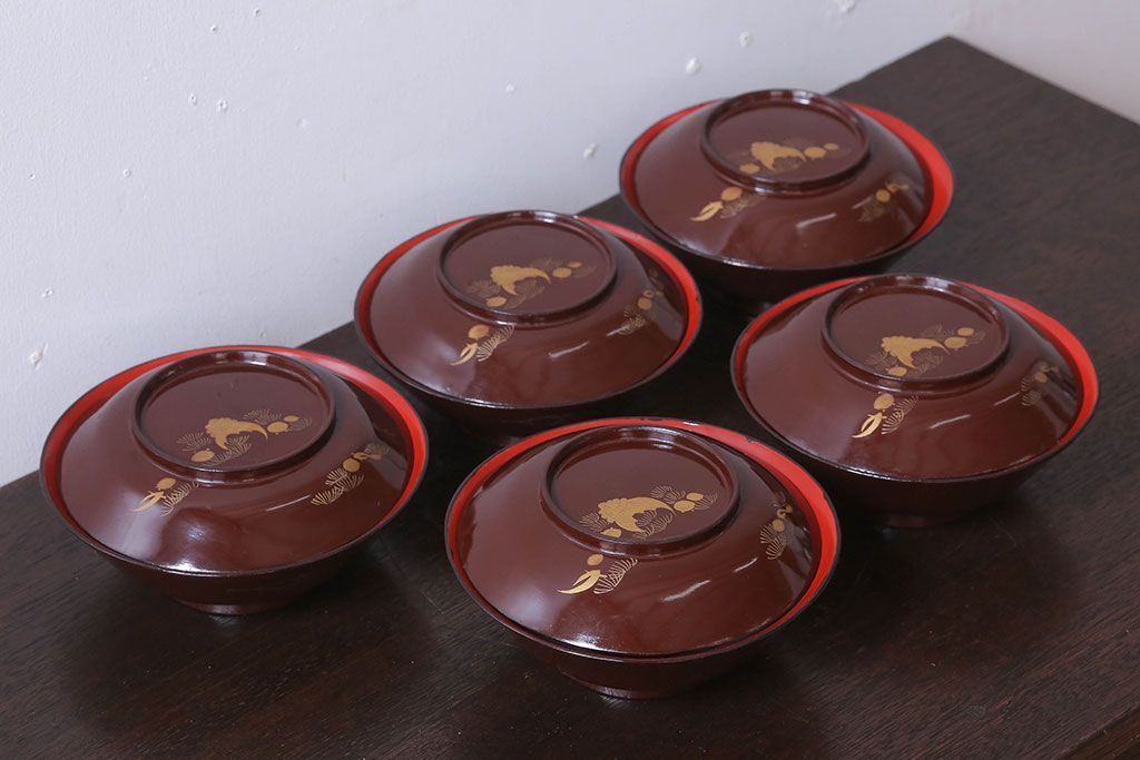 和製アンティーク　大正〜昭和　木製お椀5客セット(1)