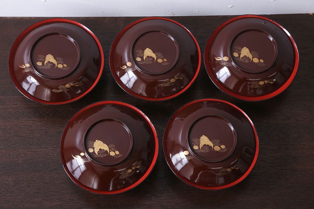 和製アンティーク　大正〜昭和　木製お椀5客セット(1)