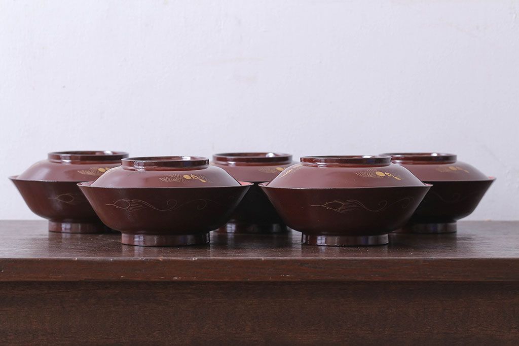 和製アンティーク　大正〜昭和　木製お椀5客セット(2)