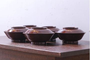 和製アンティーク　大正〜昭和　木製お椀5客セット(2)