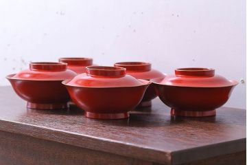 和製アンティーク　大正〜昭和期　シンプルな木製椀5客セット(1)