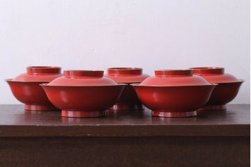 アンティーク雑貨　和製アンティーク　大正〜昭和期　シンプルな木製椀5客セット(2)