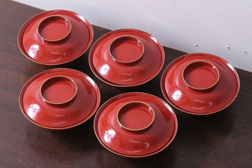 アンティーク雑貨　和製アンティーク　大正〜昭和期　シンプルな木製椀5客セット(2)