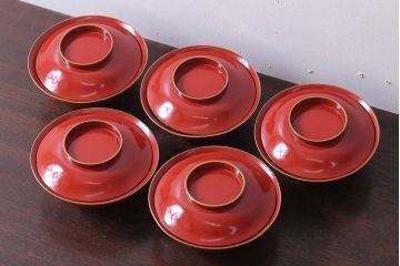 アンティーク雑貨　和製アンティーク　大正〜昭和期　シンプルな木製椀5客セット(2)