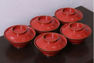 アンティーク雑貨　和製アンティーク　大正〜昭和期　シンプルな木製椀5客セット(2)