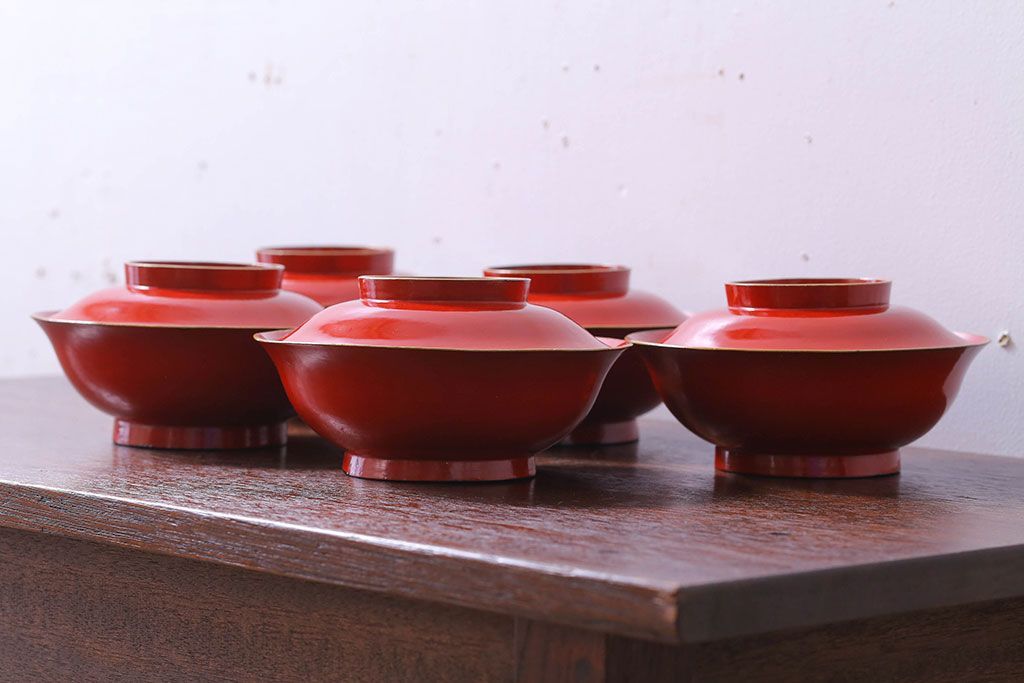 アンティーク雑貨　和製アンティーク　大正〜昭和期　シンプルな木製椀5客セット(2)