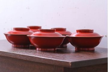 アンティーク雑貨　和製アンティーク　大正〜昭和期　シンプルな木製椀5客セット(2)