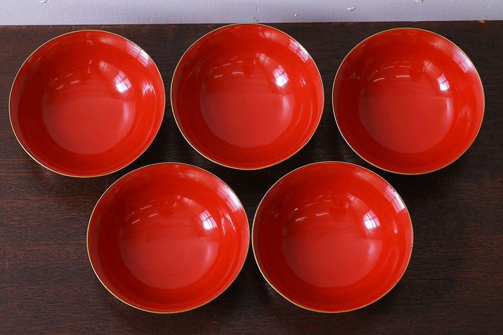 アンティーク雑貨　和製アンティーク　大正〜昭和期　シンプルな木製椀5客セット(2)