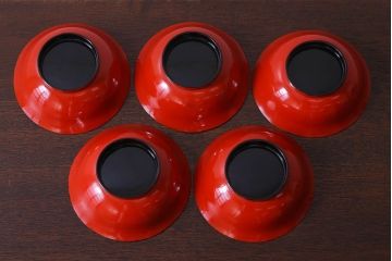 アンティーク雑貨　和製アンティーク　大正〜昭和期　シンプルな木製椀5客セット(2)