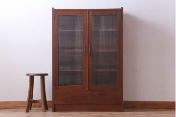 レトロ家具　昭和レトロ　チェッカーガラス入り!古い木のブックケース(本箱)