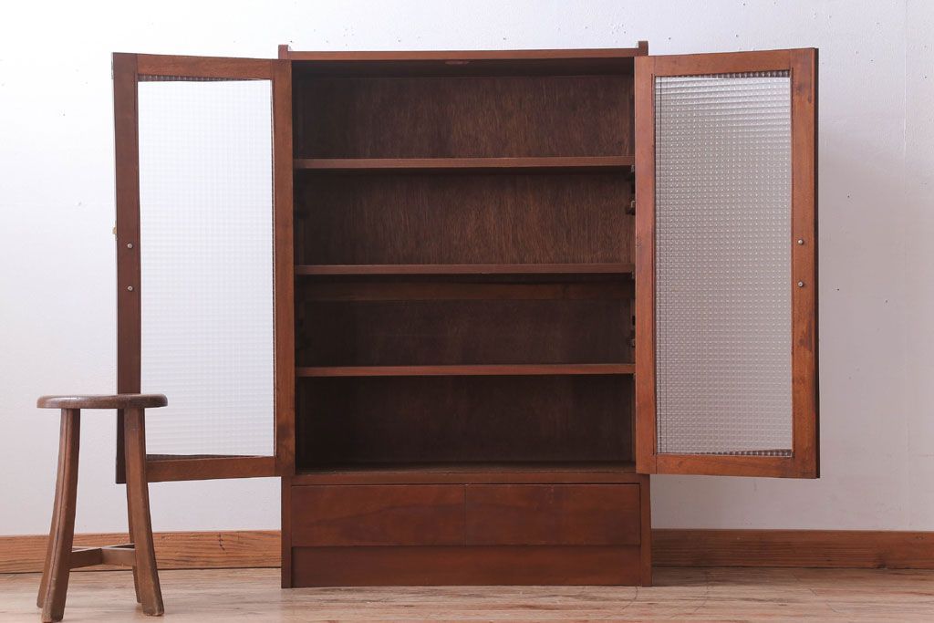 レトロ家具　昭和レトロ　チェッカーガラス入り!古い木のブックケース(本箱)