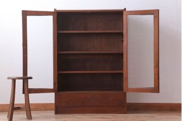 レトロ家具　昭和レトロ　チェッカーガラス入り!古い木のブックケース(本箱)