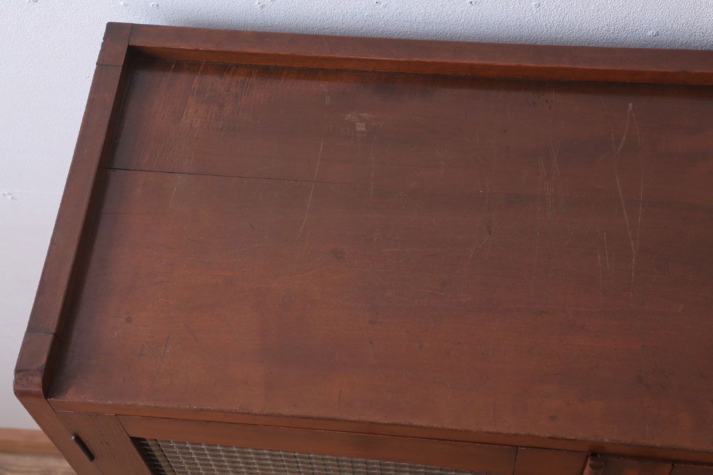 レトロ家具　昭和レトロ　チェッカーガラス入り!古い木のブックケース(本箱)