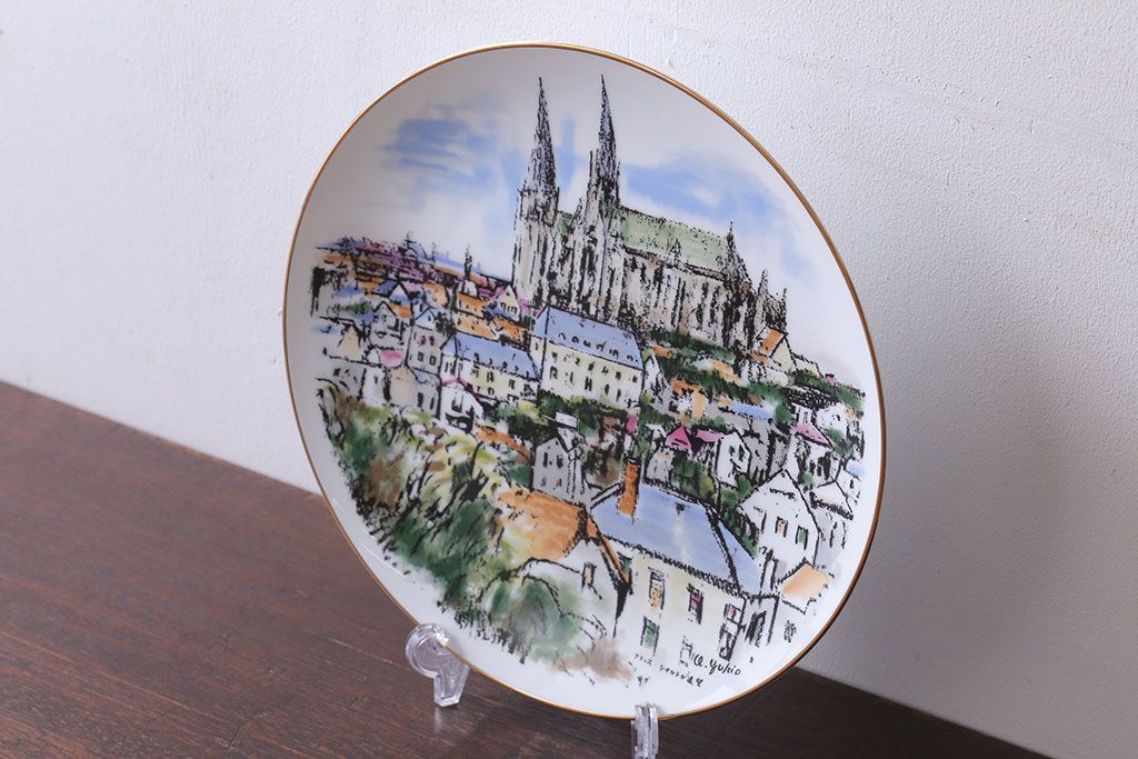 アンティーク雑貨　ノリタケ・飾皿・フランス シャルトル遠望・yukio・鵜飼幸雄