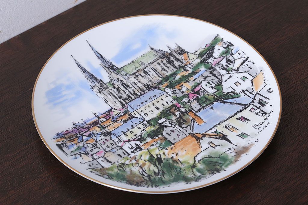 アンティーク雑貨　ノリタケ・飾皿・フランス シャルトル遠望・yukio・鵜飼幸雄