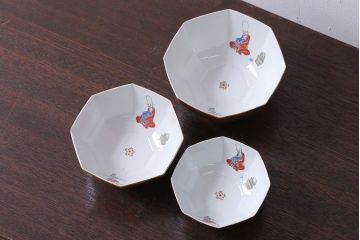 和製アンティーク　九谷焼　色絵三ツ鉢(柿右衛門?)