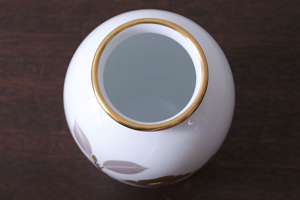 アンティーク雑貨　中古　大倉陶園(おおくらとうえん)　金彩　椿　23cm　花器(箱付き)