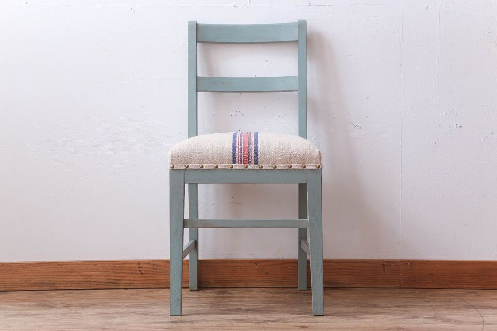 アンティーク家具　アンティークペイント　アンティークリネン座面のチェア(椅子)(3)