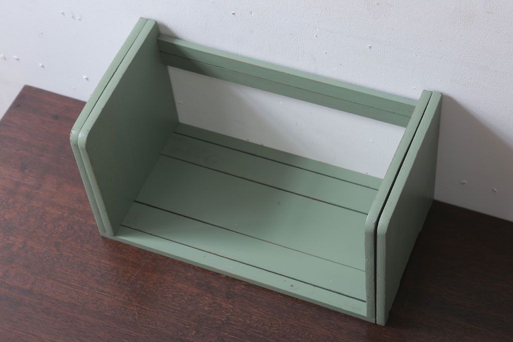 アンティーク雑貨　アンティークペイント　グレーがかったグリーンのスライド本立て