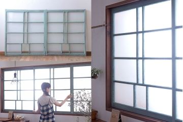 アンティークペイント　すり・ダイヤガラス入り!ガラス戸2枚セット(窓)(2)