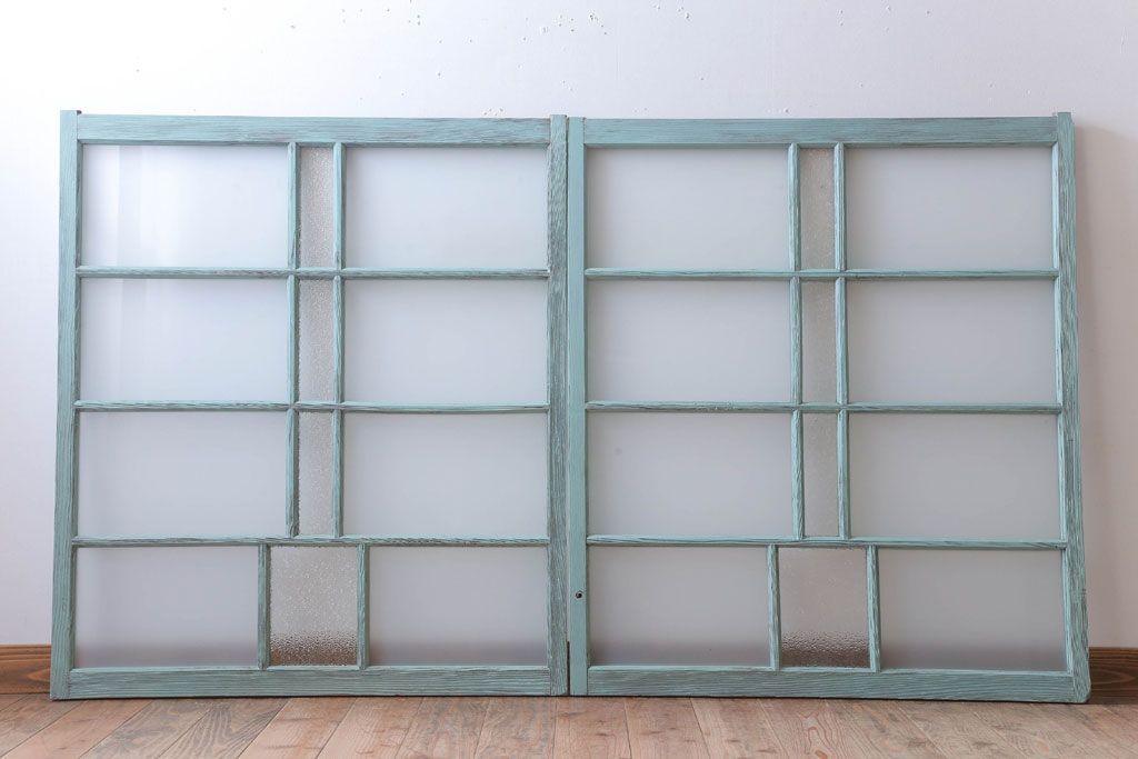 アンティークペイント　すり・ダイヤガラス入り!ガラス戸2枚セット(窓)(2)