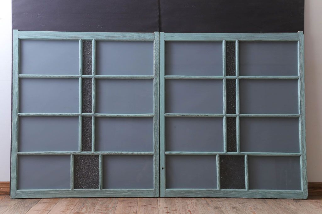 アンティークペイント　すり・ダイヤガラス入り!ガラス戸2枚セット(窓)(2)