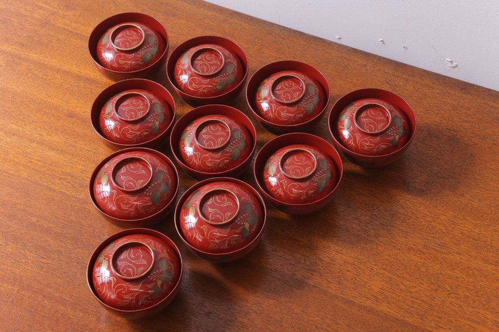 アンティーク　昭和十四年　輪島朱塗　桐蒔絵木製椀10客(1)