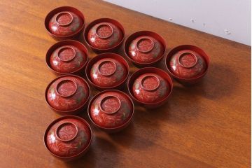 アンティーク　昭和十四年　輪島朱塗　桐蒔絵木製椀10客(1)