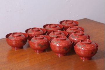 アンティーク　昭和十四年　輪島朱塗　桐蒔絵木製椀10客(1)