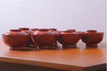 アンティーク　昭和十四年　輪島朱塗　桐蒔絵木製椀10客(1)