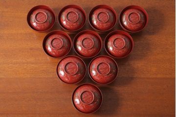 アンティーク　昭和十四年　輪島朱塗　桐蒔絵木製椀10客(1)