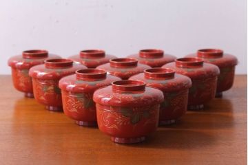 アンティーク雑貨　アンティーク　昭和十四年　輪島朱塗　桐蒔絵木製椀10客(2)