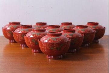 アンティーク　昭和十四年　輪島朱塗　桐蒔絵木製椀10客(3)