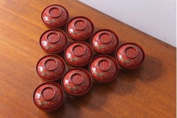 アンティーク　昭和十四年　輪島朱塗　桐蒔絵木製椀10客(3)