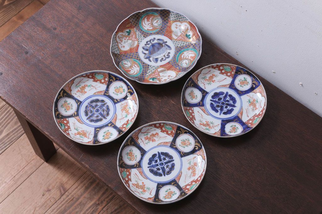 古民具・骨董　幕末〜明治　色絵七寸皿など4枚セット(伊万里)