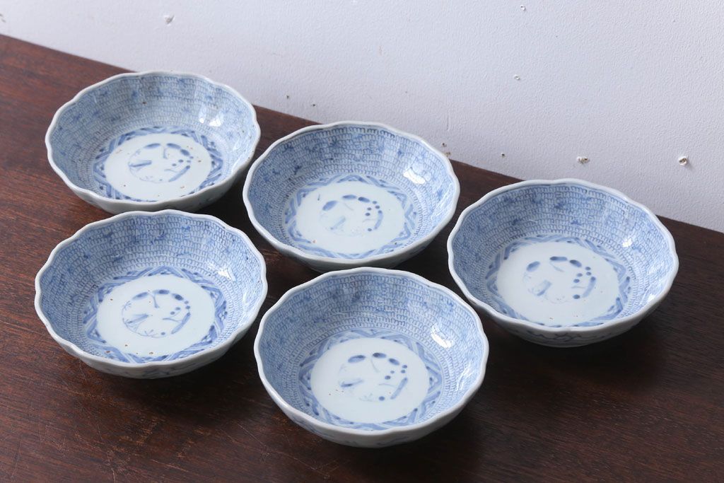 アンティーク雑貨　古民具・骨董　江戸後期　成化年製　微塵唐草なます皿5枚セット