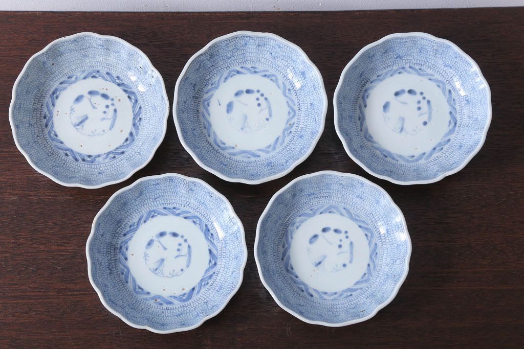 アンティーク雑貨　古民具・骨董　江戸後期　成化年製　微塵唐草なます皿5枚セット