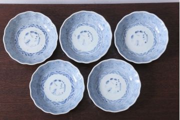 アンティーク雑貨　古民具・骨董　江戸後期　成化年製　微塵唐草なます皿5枚セット