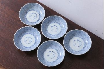 アンティーク雑貨　古民具・骨董　江戸後期　成化年製　微塵唐草なます皿5枚セット